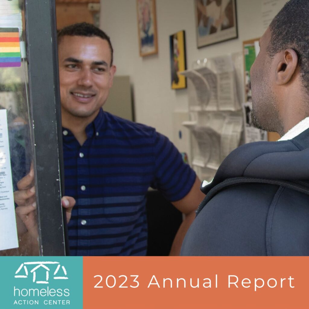 Cover of HAC's 2023 Annual Report. A smiling man opens the door of the HAC office for a client.